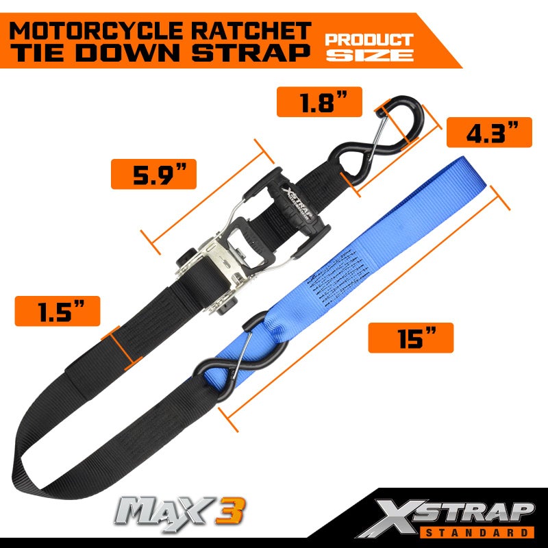 XSTRAP STANDARD 2Pk Heavy Duty Motorcycle Ratchet Tie Down Straps, 1.5" x 6' Safety Clip Hooks & Soft Loops, Cargo Accessory Securing Motorcycles, Dirt Bikes, Kayaks, Atvs, Utvs, Landscaping Equipment - Image 3